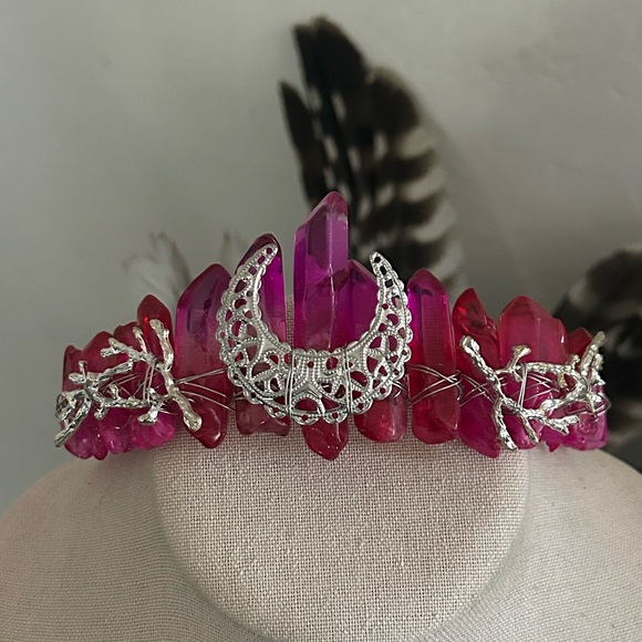 Vintage Aura Pink Crystal & Silver Moon Goddess Tiara Crown NWOT - Picture 1 of 6